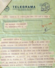 Telegrama del Govern Civil a l’Ajuntament perquè comuniqui a Jaume Sala Alegre la prohibició de portar a terme la taula rodona per no reunir els requisits de la Llei 17/1976 de 29 de maig.