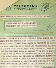Telegrama del Govern Civil a l’Ajuntament perquè es comuniqui a Josep Fuentes Ribas, el qual havia sol·licitat el permís per portar a terme l’assemblea, la seva prohibició. 