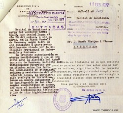 Notificació del Govern Civil a Ramon Llatjós Planas autoritzant el recital. 