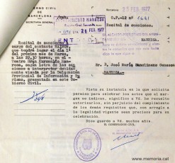 Notificació del Govern Civil  a Josep M. Sanclimens Genescà, comunicant l’autorització per fer el recital.