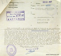 Notificació del Govern Civil a l’Alcalde de Manresa comunicant la prohibició. 