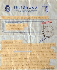 Telegrama del Govern Civil a Lluís Alsedà Soler autoritzant un seguit d’actes a la Plaça dels Màrtirs (Plaça de l’Ajuntament).