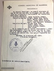 31/10/1937: còpia del nomenament de Josep [Maria] Álvarez Miguel com a conseller-delegat de l’Ajuntament de Manresa. (Arxiu Comarcal del Bages).