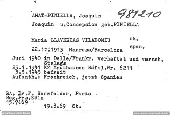 Nova fitxa de la Creu Roja Internacional, on apareix la seva esposa i el sr. F. Herzfelder, representant de deportats espanyols davant del govern alemany. (Font: ITS Bad Arolsen).