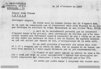 14-10-1965: resposta de Joaquim Amat a Romà Planas, en què agraeix la concessió del Premi Fastenrath. (Arxiu Comarcal del Bages. Fons Joaquim Amat-Piniella)