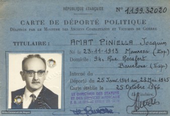 Carnet de deportat polític de Joaquim Amat, emès pel ministeri francès corresponent. (Arxiu Comarcal del Bages. Fons Joaquim Amat-Piniella)
