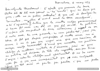 6-3-1973: resposta d'Amat-Piniella a la carta que li va adreçar Montserrat Roig. (Arxiu Comarcal del Bages. Fons Joaquim Amat-Piniella)