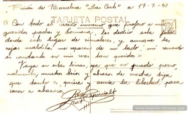 Revers de la foto de la Presó de les Corts de Barcelona que Rosita Espinalt, presa manresana amiga de l’Anna Solà, envia a la seva família el 17 de juliol de 1940. (Col·lecció familiar)