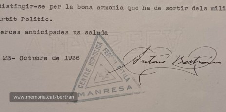Signatura d'Antoni Bertran com a president del Centre Republicà Federal Català de Manresa. (Arxiu Comarcal del Bages).