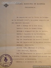 1-12-1936. Comunicat sobre la constitució oficial de la Junta de Defensa de la Població Civil, l’1 de desembre de 1936. (Arxiu Comarcal del Bages).