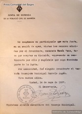 14-5-1937. Nota d’Aniceto León, secretari de la Junta, segons la qual Ramon Sanz ha dimitit com a president i ha estat succeït per Marcel Augés. (Arxiu Comarcal del Bages).