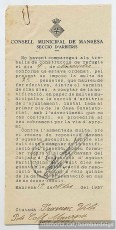 Mostra d’una multa de les moltes que s’imposaren als ciutadans per no acudir a treballar en la contrucció dels refugis (novembre del 1937). (Arxiu Comarcal del Bages)