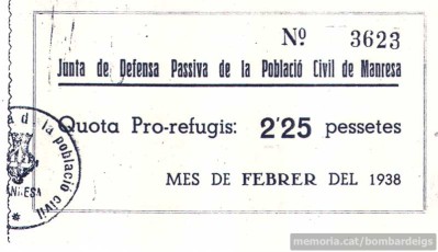 Rebut de la quota pagada a la Junta de Defensa de Manresa, destinada a la construcció de refugis. (Arxiu Comarcal del Bages)