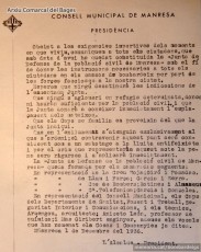 1-12-1936. Notificació de l’Ajuntament als ciutadans sobre la constitució de la Junta de Defensa i mesures preventives per a protegir-se dels bombardeigs. (Arxiu Comarcal del Bages).