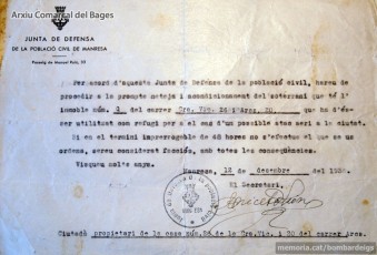 12-12-1936. Ordre terminant de la Junta de Defensa a diversos propietaris d’immobles perquè condicionin els soterranis com a refugi antiaeri. (Arxiu Comarcal del Bages).