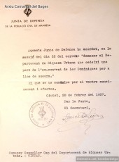 28.2.1937. La Junta sol·licita que una part de l’ex-convent de les Dominiques serveixi com a lloc de socors. (Arxiu Comarcal del Bages).