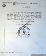 2.08.1937. Campanya de difusió radiofònica de la Junta en la qual es demana la col·laboració dels propietaris d’aparells de ràdio situats en llocs públics de la ciutat, en aquest cas al propietari del Quiosc Garcia. (Arxiu Comarcal del Bages).