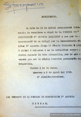 9.08.1938. Nota de l’Alcaldia que evidencia les dificultats en què es trobaven en la construcció de refugis. (Arxiu Comarcal del Bages).