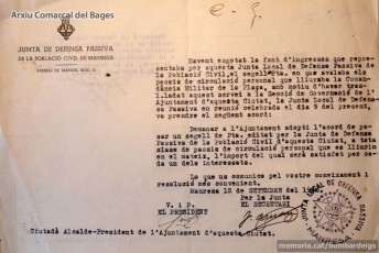 12.09.1938. La Junta de Defensa demana a l’Ajuntament que posi el segell d’una pesseta de la Junta als passis de circulació. (Arxiu Comarcal del Bages).