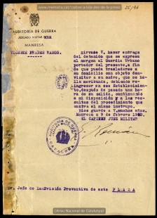 Permís per sortir de la presó unes hores per visitar la seva mare que està a punt de morir. (09/02/1940). (Arxiu Nacional de Catalunya).


