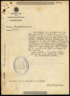 Ordre de reingrés a la presó després d’haver-se-li denegat la llibertat condicional (08/06/1943). (Arxiu Nacional de Catalunya).