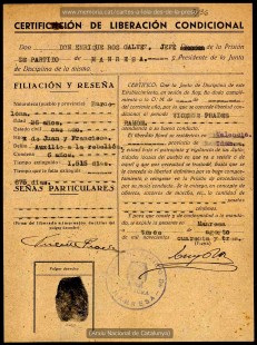 Certificat de Llibertat Condicional emès el 13/08/1943. (Arxiu Nacional de Catalunya).