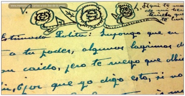 2/11/41: Encapçalament de la carta del 2 de novembre del 1941, dia de Difunts. Vicenç dibuixa unes flors envoltades per dues inicials: V i L. Vicenç suposa que Lola recorda el seu pare mort l’any anterior, i d'aquí la referència inicial a les llàgrimes.