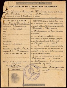 Certificat de llibertat definitiva emès el 09/03/1946. (Arxiu Nacional de Catalunya).

