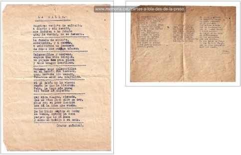 Poema satíric titulat La calle  guardat amb una carta de febrer del 1941. El poema és obra probablement d’Estanislau Sanfeliu, poeta i dirigent sindicalista també pres, i fa referència a les noies veïnes de la presó. En l’altre fragment la lletra d’un tango.