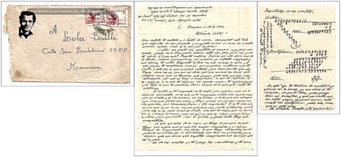 17/02/1941: En el sobre d’aquesta carta, Pere Alsina dibuixa un retrat de Vicenç. En la carta, Vicenç, que a instàncies de Lola intenta millorar la seva formació a la presó, li mostra els seus  progressos amb llargues operacions aritmètiques.