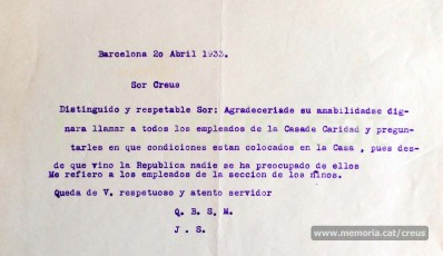 20/4/1933. Carta en què es demana informació sobre les condicions en què es troben els empleats de la secció de nens de Casa de Caritat, “pues desde que vino la República nadie se ha preocupado de ellos”.