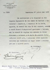 27/7/1933. Notificació a Jaume Creus que ha estat nomenat ponent d’adquisició de queviures i tallers de la junta de govern de Casa de Caritat.