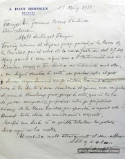 27/5/1933. Carta de J. Font Bertran referent al cobrament d’una factura.