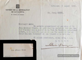3/8/1933. Carta del gabinet del conseller primer de la Generalitat en què li recomana una persona perquè entri com a pintor de Casa de Caritat.