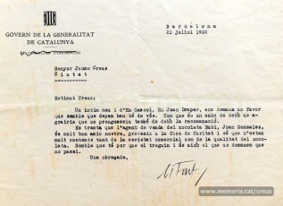 21/7/1932. Carta d’un càrrec de la Generalitat (en desconeixem la signatura) en què es demana a Jaume Creus que no prescindeixin d’un agent de venda de xocolata.