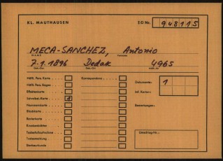 Fitxa de presoner de Mauthausen, amb número identificatiu, data d’arribada i categoria (Spanier). (Font: ITS Bad Arolsen).

