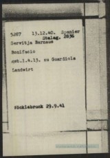 Fitxa de presoner de Bonifaci Servitja, a l'oficina del camp. A part de les seves dades personals, hi surt el camp de presoners de guerra (stalag) d¡on procedia, amb el número que tenia allà, la data d'arribada a Mauthausen i la matrícula que se li adjudica.
