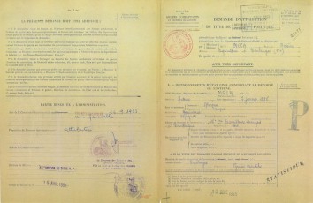 3/12/1955: L’expedient de sol·licitud de concessió del títol de deportat polític al govern francès. Li seria concedit l’any següent i obtindria la nacionalitat francesa. (Font: Archives des Victimes des Conflits Contemporanis – Caen, França).
