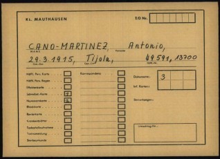 Fitxa de presoner de Mauthausen, amb número identificatiu, data d’arribada i categoria (Spanier). (Font: ITS Bad Arolsen).