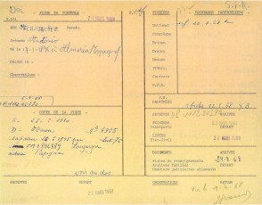 21/3/1968: fitxa de control amb el recorregut de la seva deportació. (Font: Archives des Victimes des Conflits Contemporanis – Caen, França).