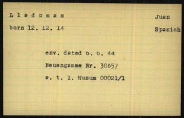 Fitxes de presoner de Joan Lladó Mas al camp nazi de Neuengamme, on tenia el número 30.857. (Arxius Arolsen).