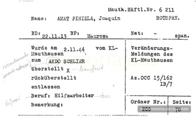 Fitxa del Servei de Recerques de la Creu Roja Internacional on consta el seu trasllat al commando exterior de Schlier el novembre de 1944. Aquestes fitxes es feren a partir del buidat dels llistats de Mauthausen, un cop alliberat el camp. (Font: ITS Bad Arolsen).