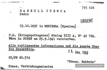 Fitxa de la Creu Roja International de gener de 1960 on consta el número i lloc de presoner de guerra (stalag) de Barrull i la data de la seva mort, oficialment a Gusen. (Font: ITS Bad Arolsen)