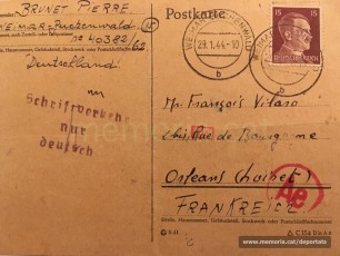 Postal de Brunet a Vilaró des del camp de concentració de Buchenwald, al cap de pocs dies de ser-hi. Escrita en alemany, probablement per algun company de captiveri (Font: arxiu personal de Ferran Brunet)