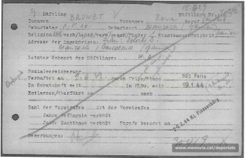Fitxa de presoner de Brunet a Buchenwald. Hi consta la data de deportació i la del trasllat a Flossenbürg (Font: ITS Bad Arolsen)