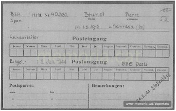 Dades de Brunet a Buchenwald dins una fitxa de correu rebut i enviat (Font: ITS Bad Arolsen)