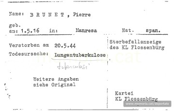 Fitxa de la Creu Roja International del registre de Brunet dins del llibre de defuncions de Flossenbürg, on consta com a causa de la mort la tuberculosi. (Font: ITS Bad Arolsen)