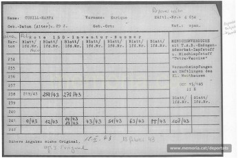 Targeta-registre de les dosis administrades a Enric Cunill en l'experimentació sobre humans d'una vacuna. Mauthausen, 1943. (Font: ITS Bad Arolsen)