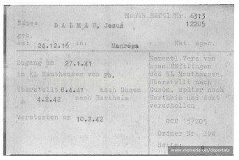 Fitxa de la Creu Roja Internacional detallant els successius trasllats de Dalmau de Mauthausen a Gusen i a Hartheim, on fou assassinat el 10.2.1942. (Font: ITS Bad Arolsen)