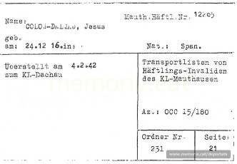 Fitxa de la Creu Roja Internacional anotant el registre de Dalmau dins el llistat de "presoners invàlids" de Mauthausen traslladats al "KL-Dachau" el 4-2-1942. Aquesta denominació encobria el castell de Hartheim, que oficialment depenia de Dachau. (Font: ITS Bad Arolsen)